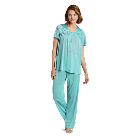 Vanity Fair Women Pant V-Neck Short Sleeve pajama set Teal blue 1X plus size - Picture 1 of 8